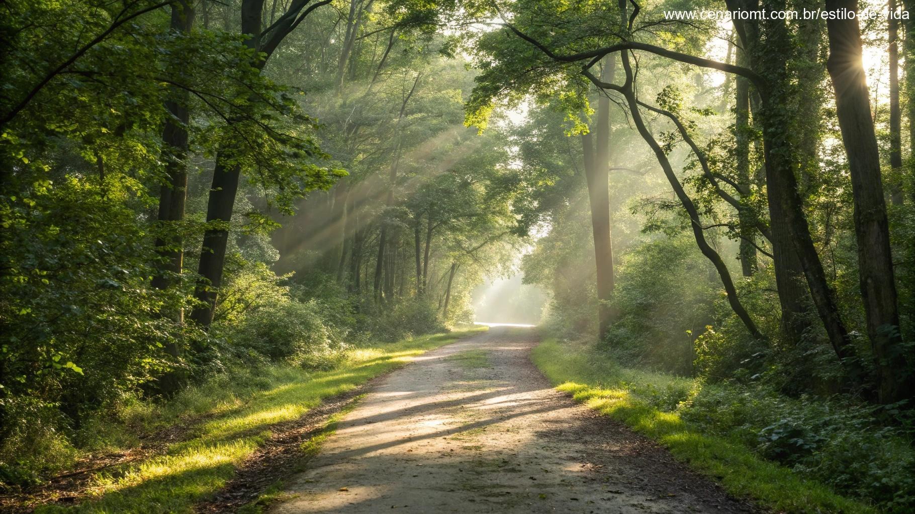 Imagem simbólica de um caminho que leva por uma floresta, com a luz do sol filtrando pelas árvores, representando novos começos.