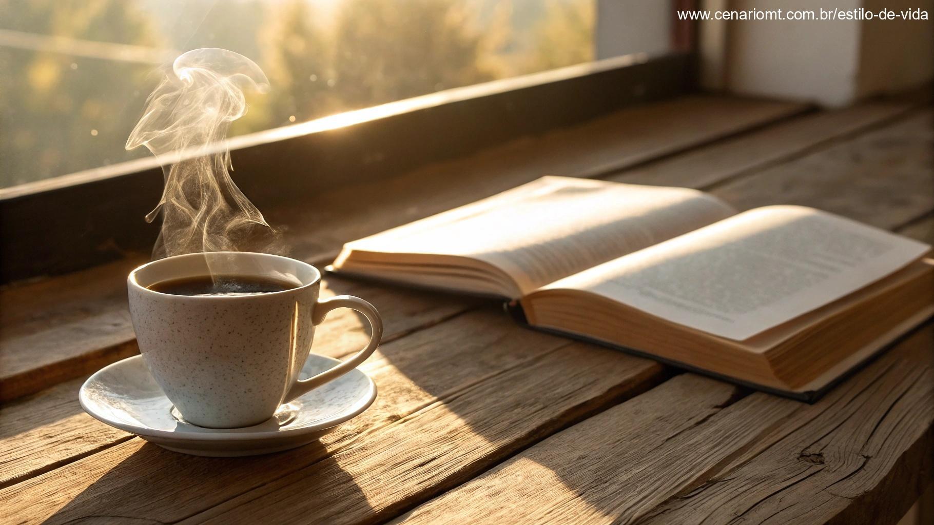Cena aconchegante da manhã com uma xícara de café fumegante sobre uma mesa de madeira ao lado de um livro aberto