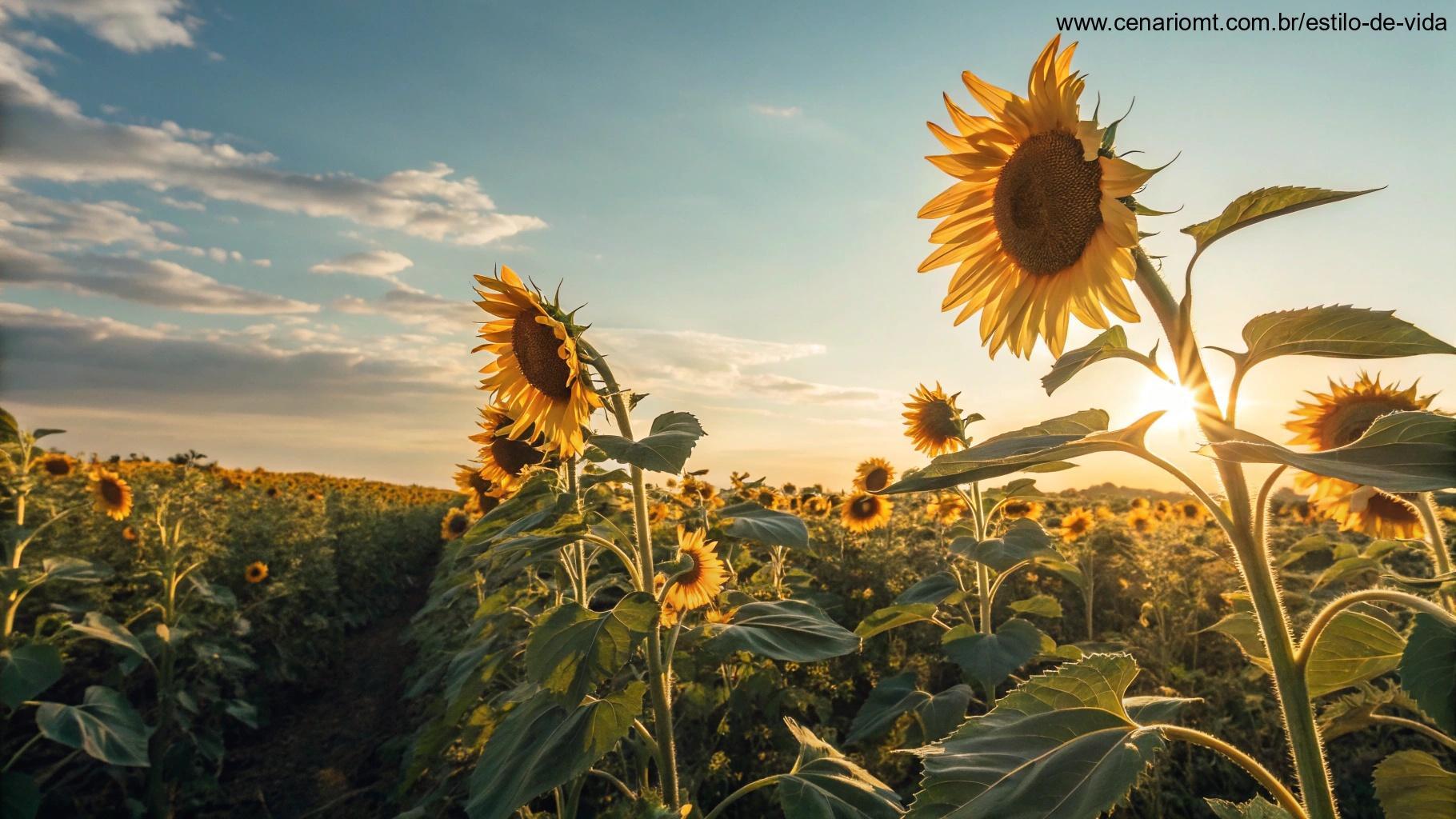 Campo de girassóis vibrantes sob um céu azul brilhante, com pétalas douradas transmitindo calor e alegria
