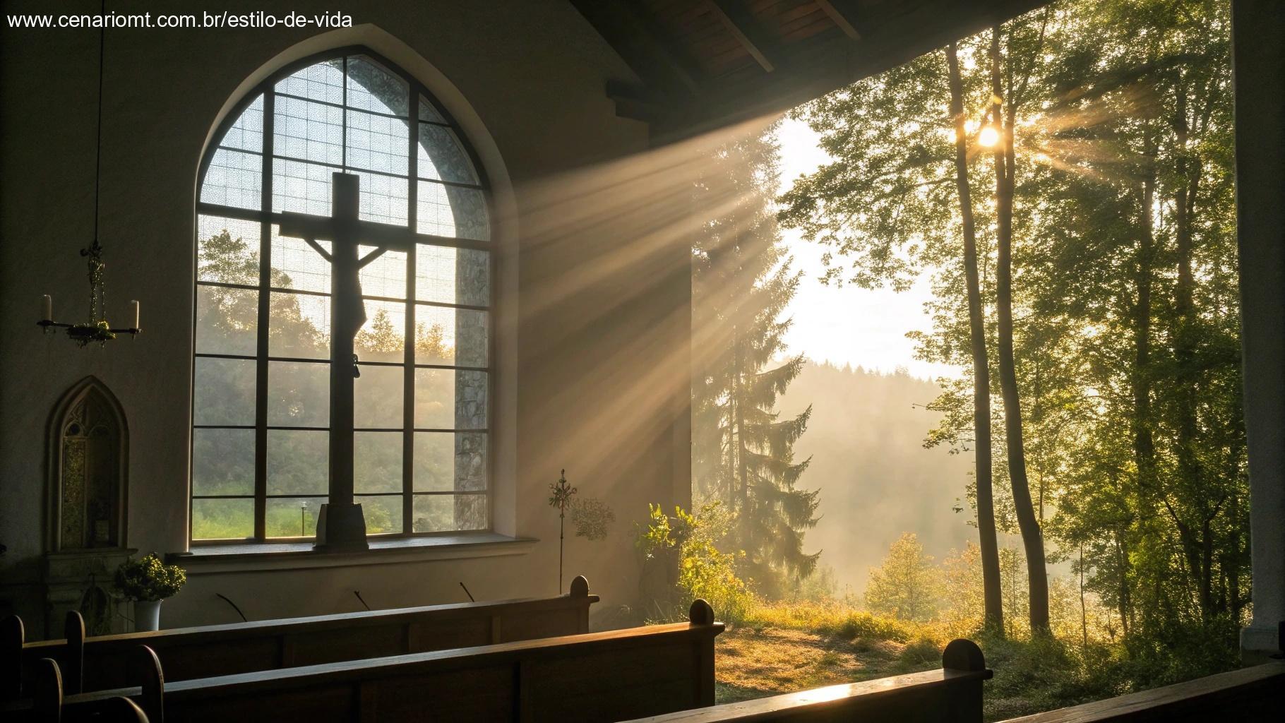 Luz da manhã passando por vitral de igreja em atmosfera de paz