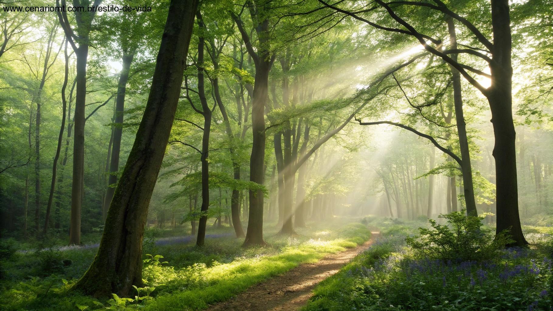 Imagem de uma floresta tranquila, com a luz do sol atravessando as árvores e criando um brilho acolhedor, simbolizando o refúgio de Deus e o poder da fé.
