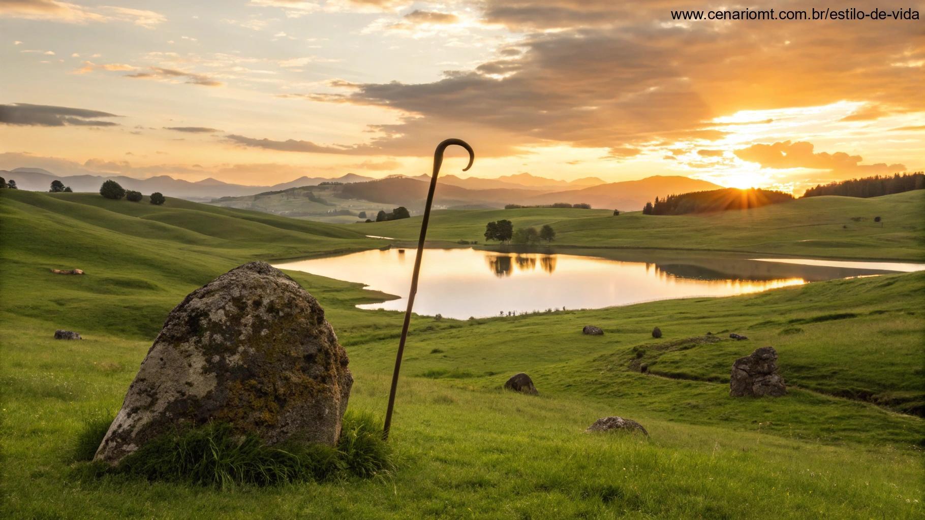 Paisagem serena com pastos verdejantes e águas tranquilas sob o pôr do sol