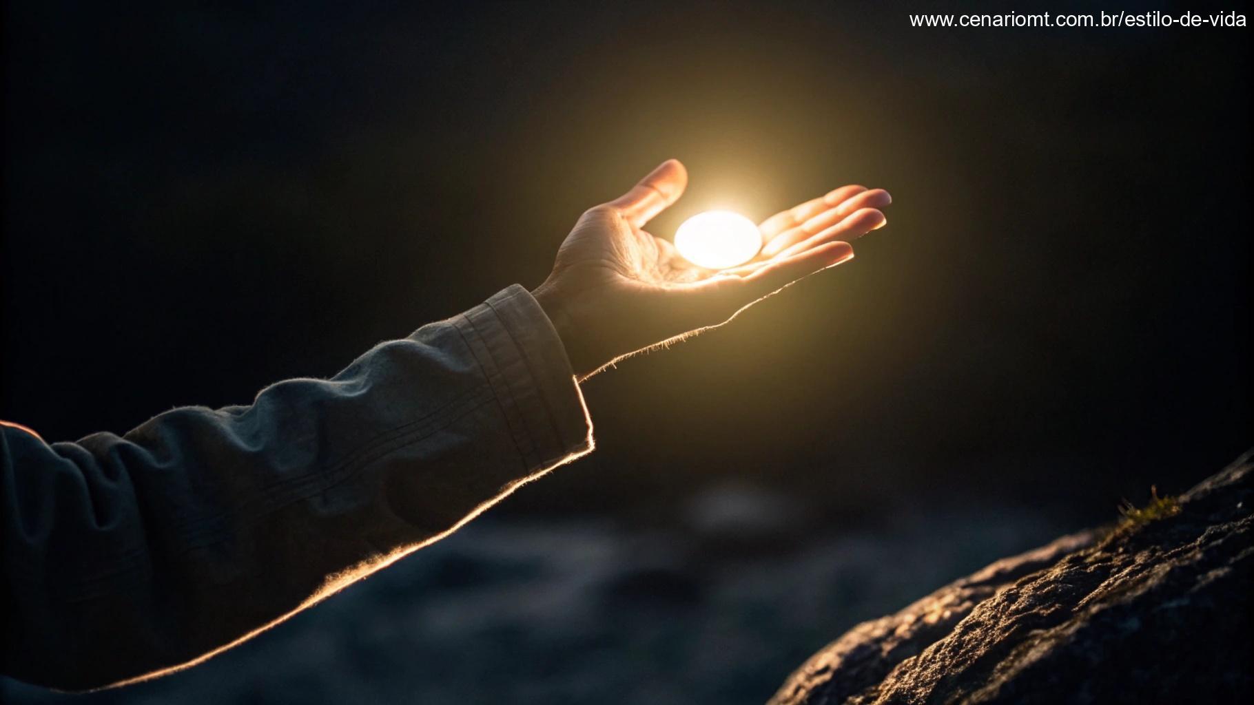 Uma mão protetora estendendo-se para abrigar uma pequena luz brilhante, contra um fundo escuro, simbolizando a proteção divina e refúgio