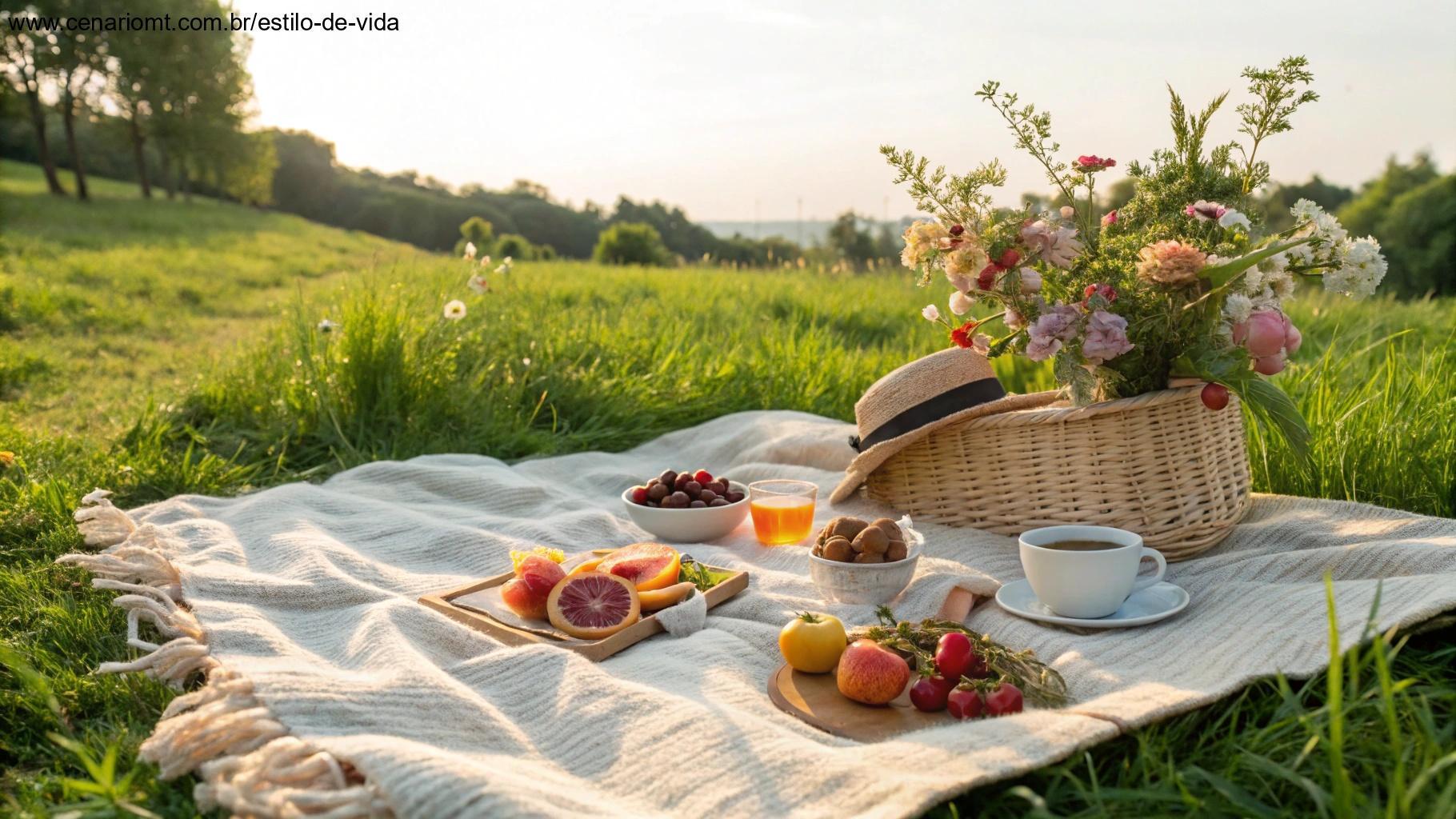 Piquenique sobre a grama com frutas, chá e flores ao céu aberto