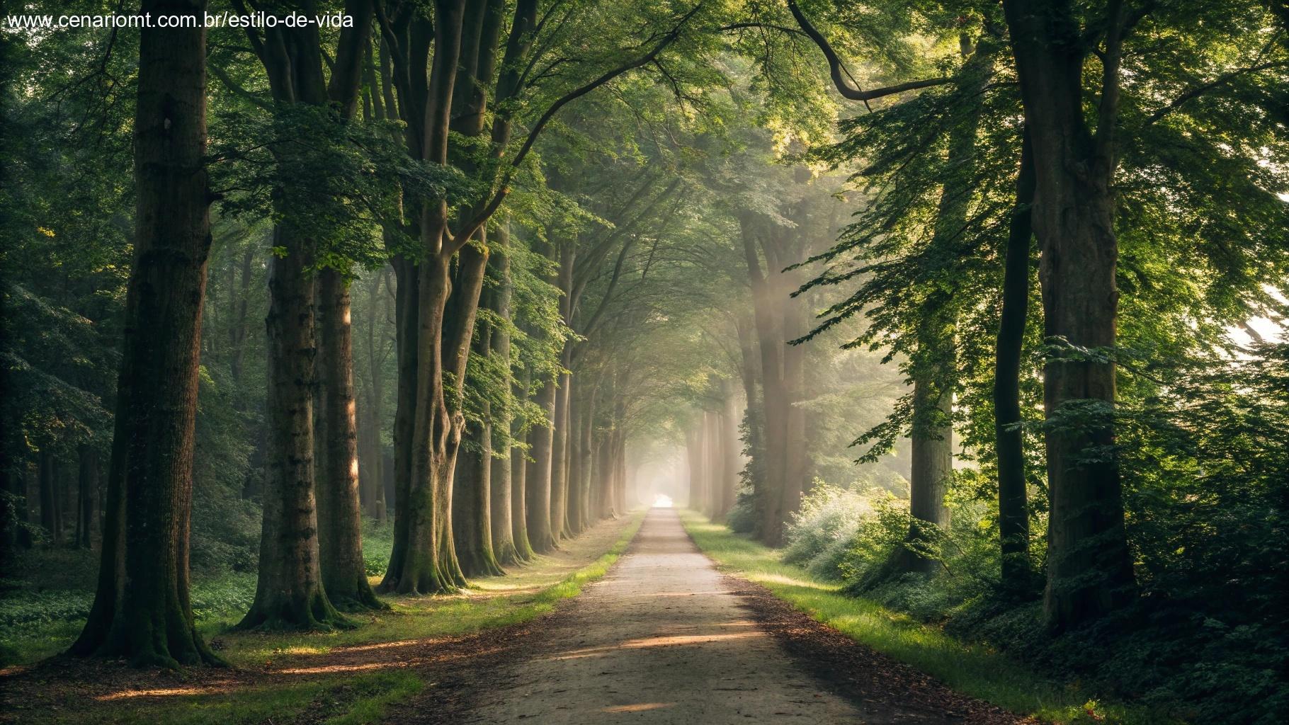 Ambiente seguro e protegido, como um caminho tranquilo na floresta, evocando a proteção divina descrita no Salmo 23.