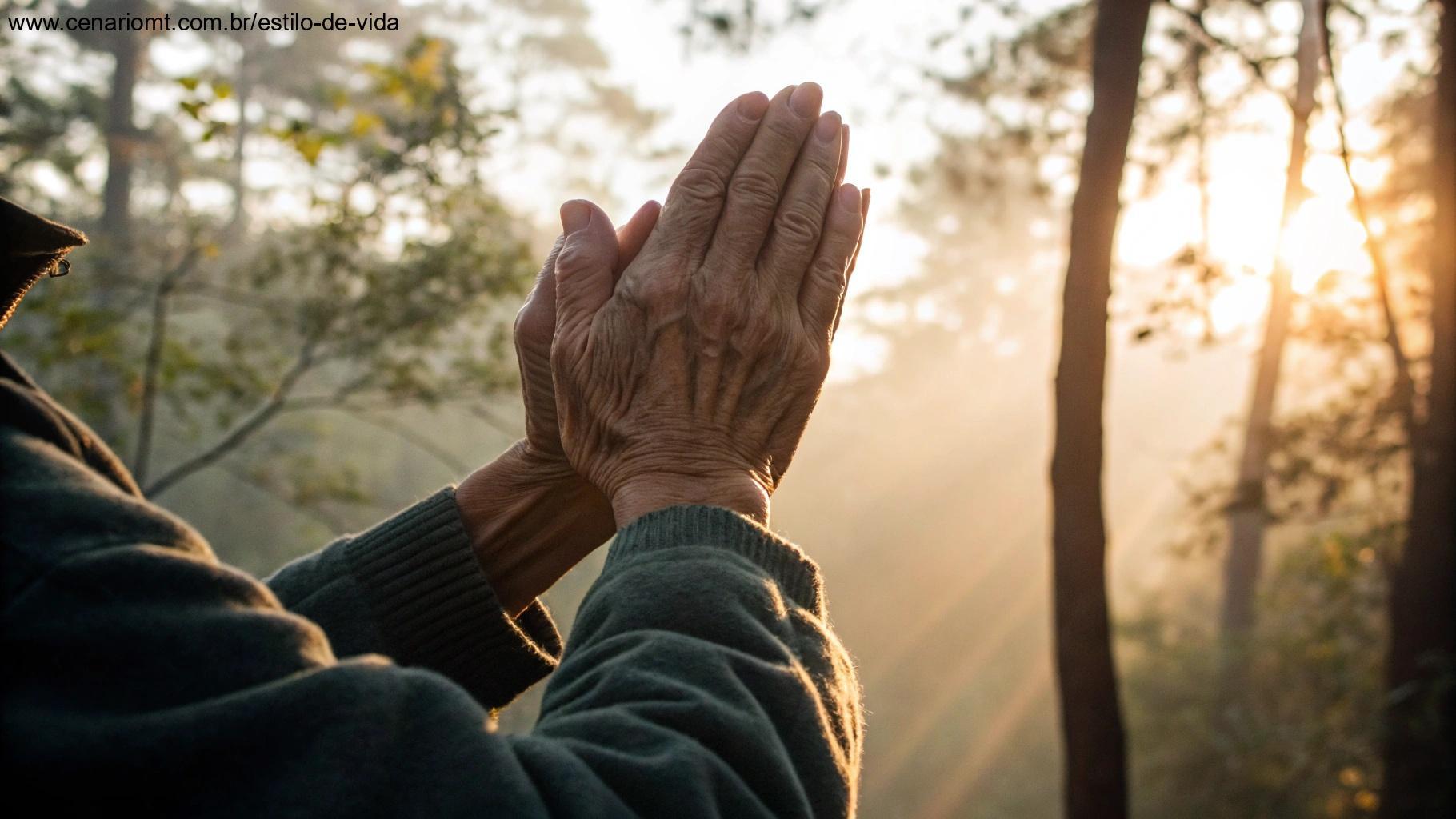 Mãos envelhecidas unidas em oração com luz matinal filtrando-se através das árvores