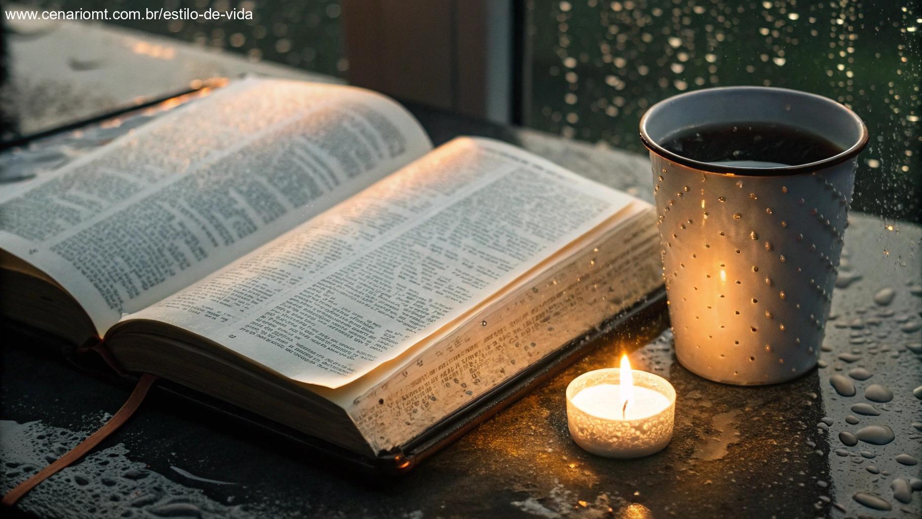 Escritura antiga aberta com luz brilhante ao lado de um copo transbordando água