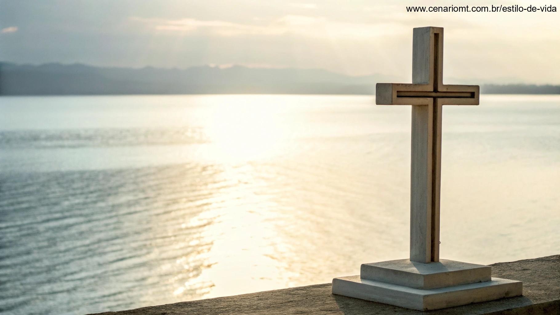 Símbolo religioso, como uma cruz, suavemente iluminada por luz suave, com fundo calmo e tranquilo, evocando paz e santidade