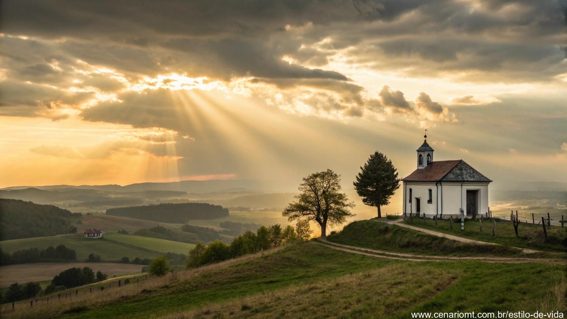 Capela solitária sobre colina iluminada por raios de sol