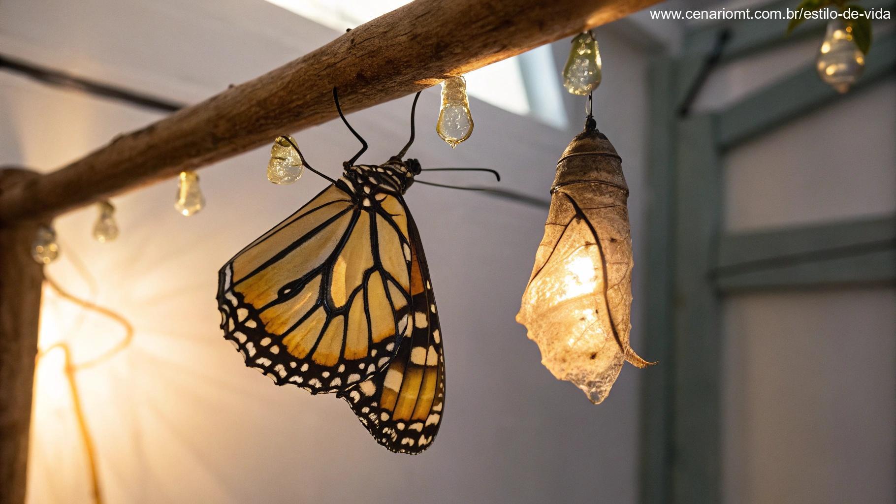 Borraboleta luminosa emergindo de um casulo envolta por luz suave