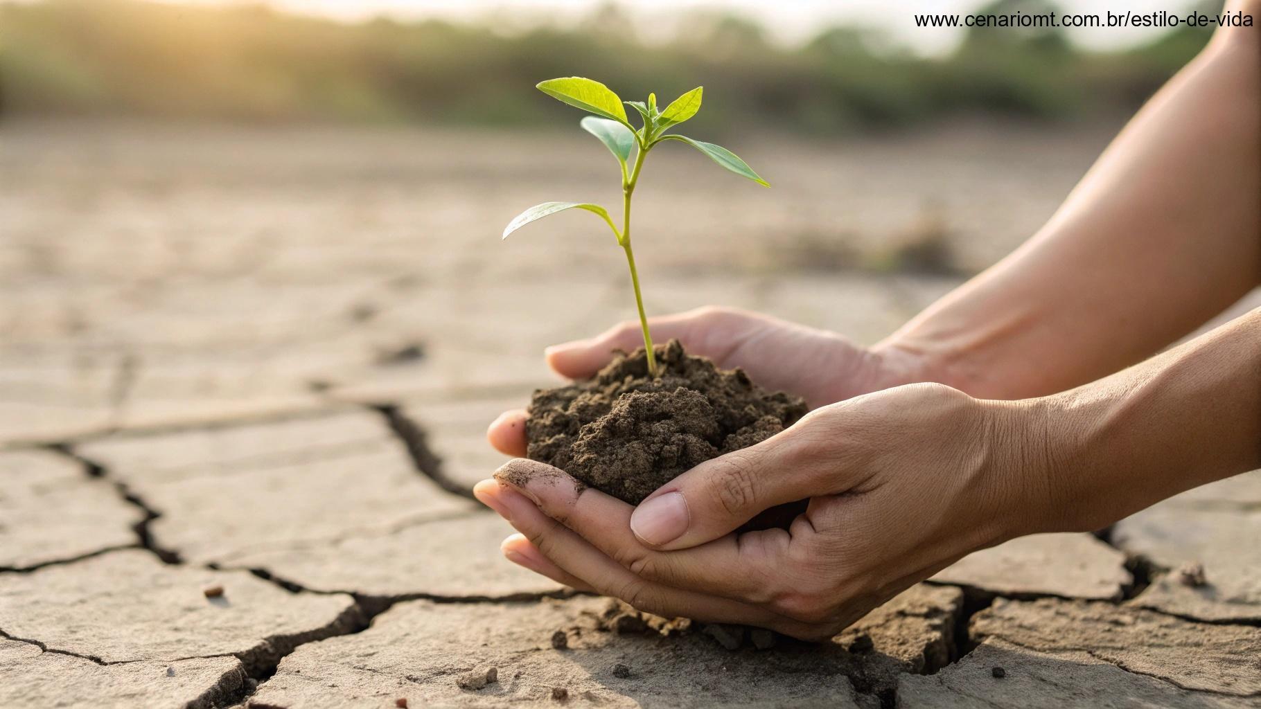 Mãos segurando delicadamente uma pequena planta crescendo em solo seco e rachado