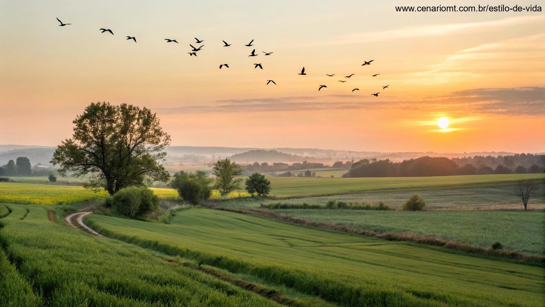 Cena tranquila do campo com aves voando pacificamente no céu, simbolizando a paz que o Salmo 34 traz para nossas vidas.