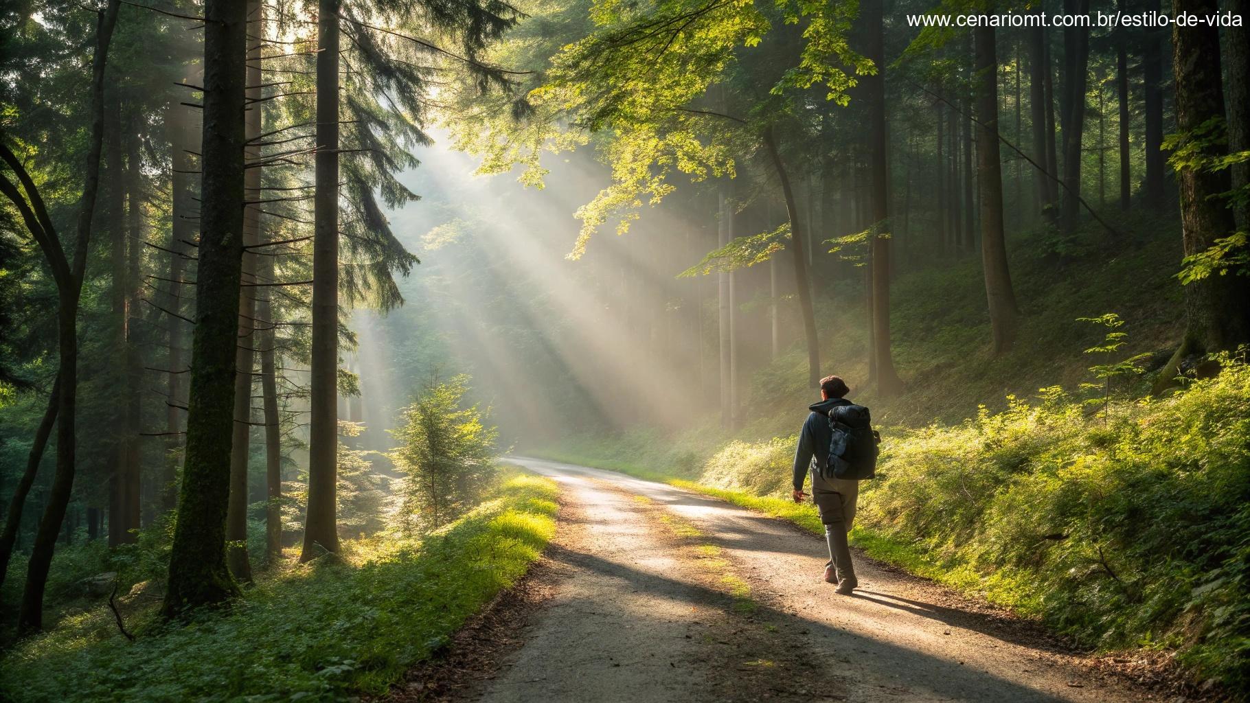 Viajante caminhando por trilha na floresta iluminada pelo sol como símbolo de proteção divina