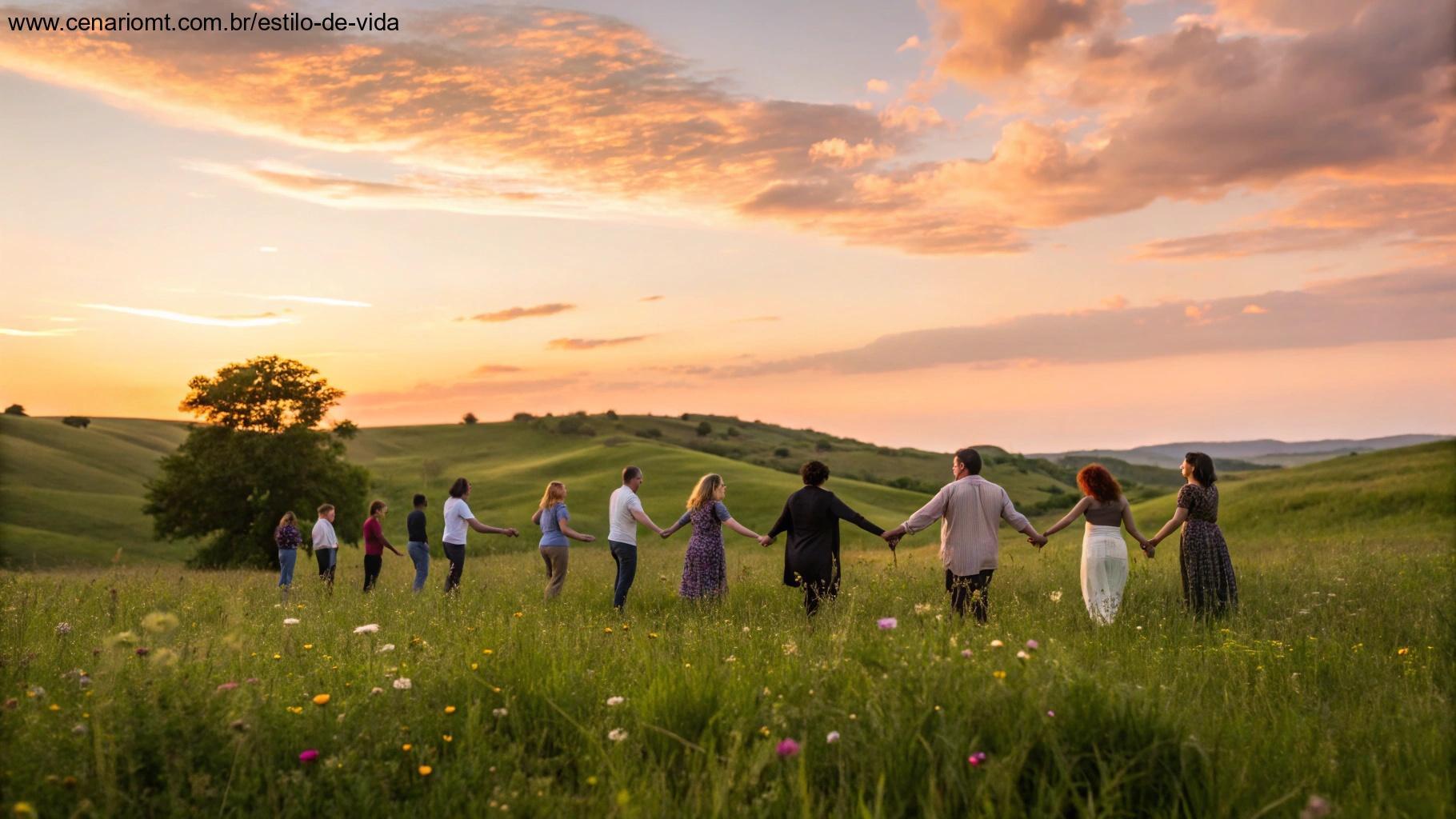 Grupo em círculo de mãos dadas em campo ao pôr do sol