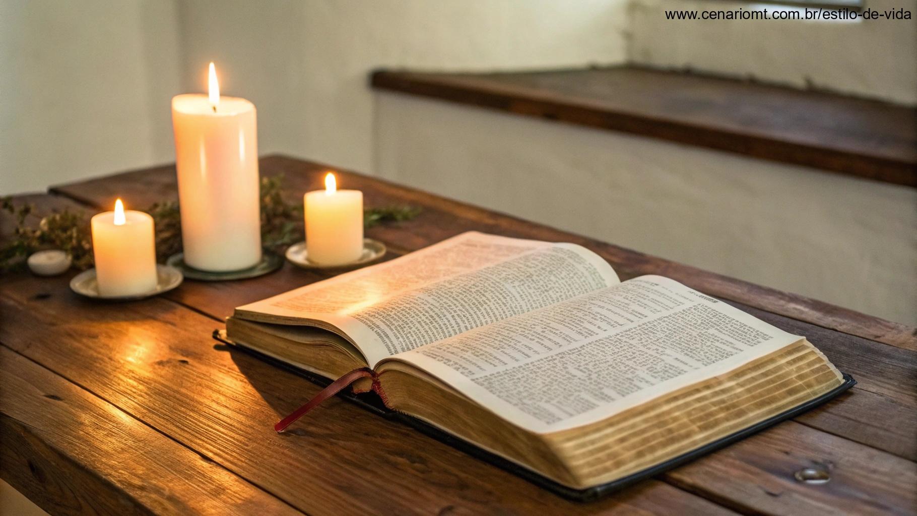 Bíblia antiga aberta com páginas brilhantes em uma mesa de madeira e luz de velas