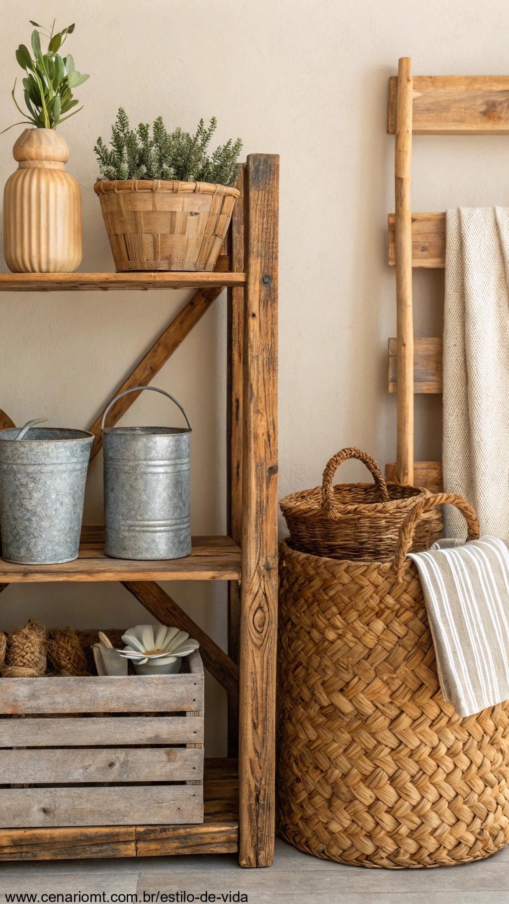 Objetos reciclados com acabamento natural decorando a casa