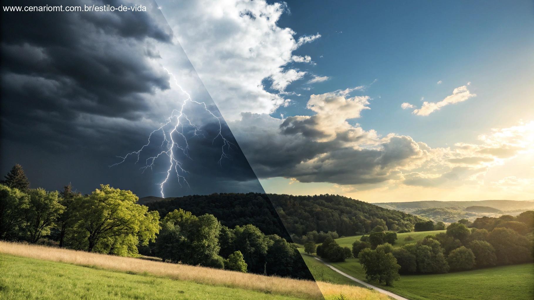 Imagem dividida mostrando céu tempestuoso de um lado e paisagem ensolarada do outro