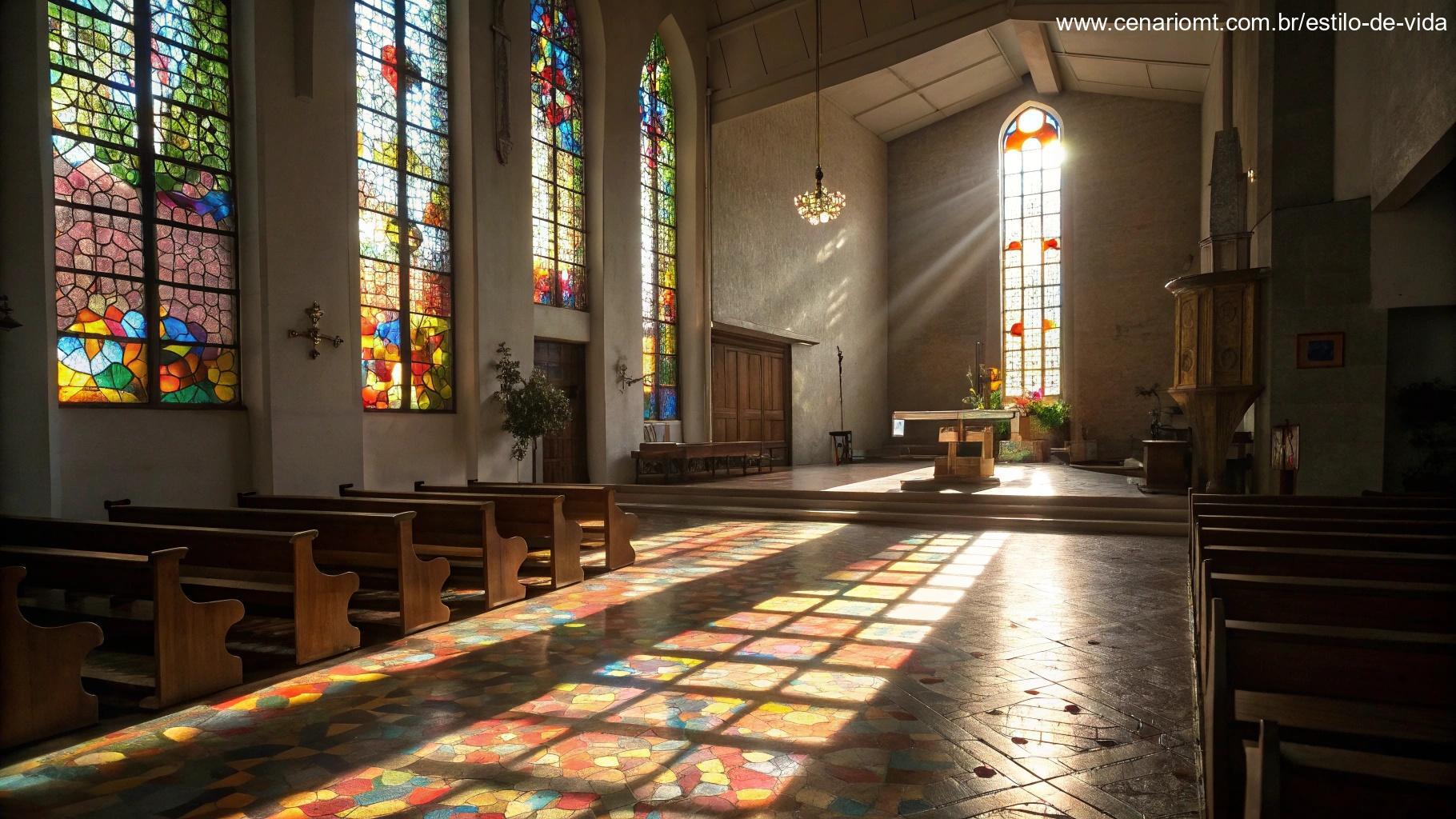 Oração Católica do Dia com uma igreja tranquila iluminada por vitrais, criando um ambiente sagrado.