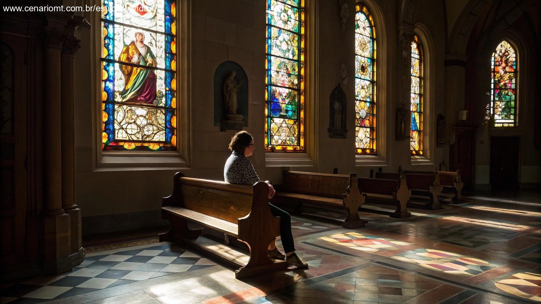 Interior de capela católica com vitrais coloridos e pessoa em oração
