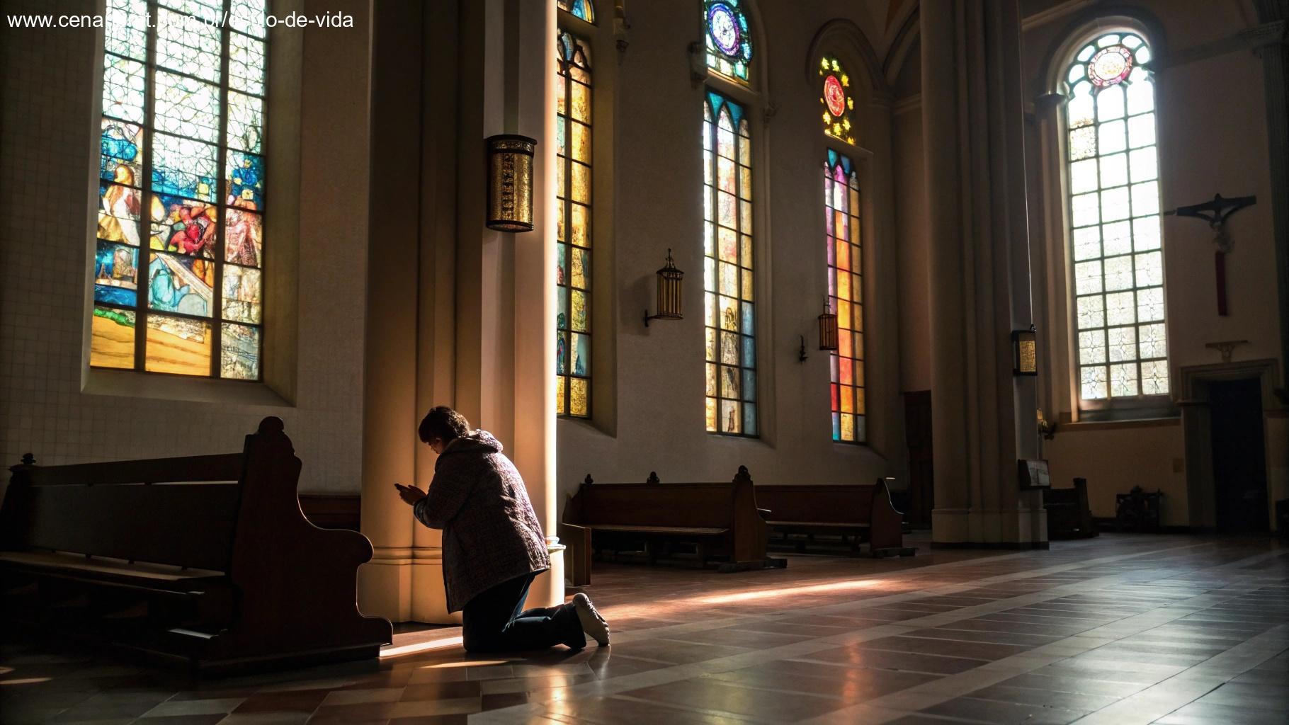 Interior de uma igreja com fiel em oração e luz suave colorida