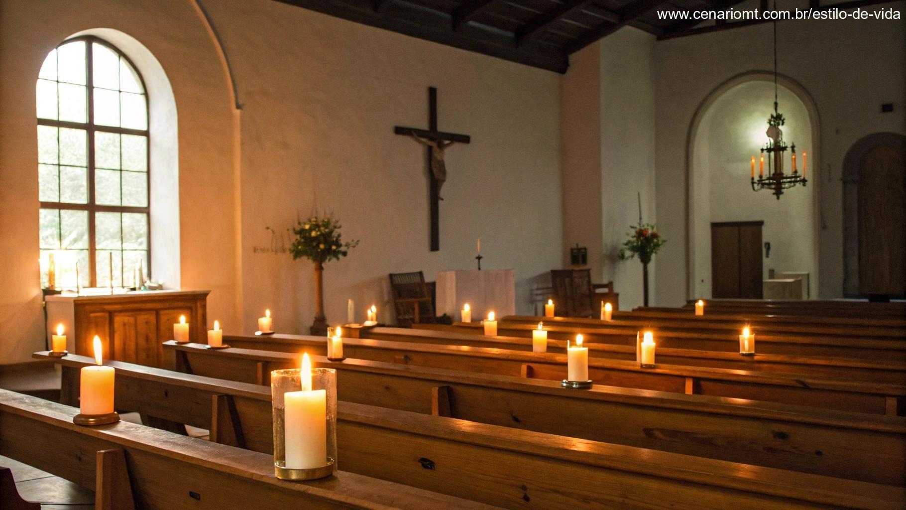 Interior silencioso de uma igreja com luz de velas iluminando bancos de madeira e uma cruz simples ao fundo, transmitindo devoção