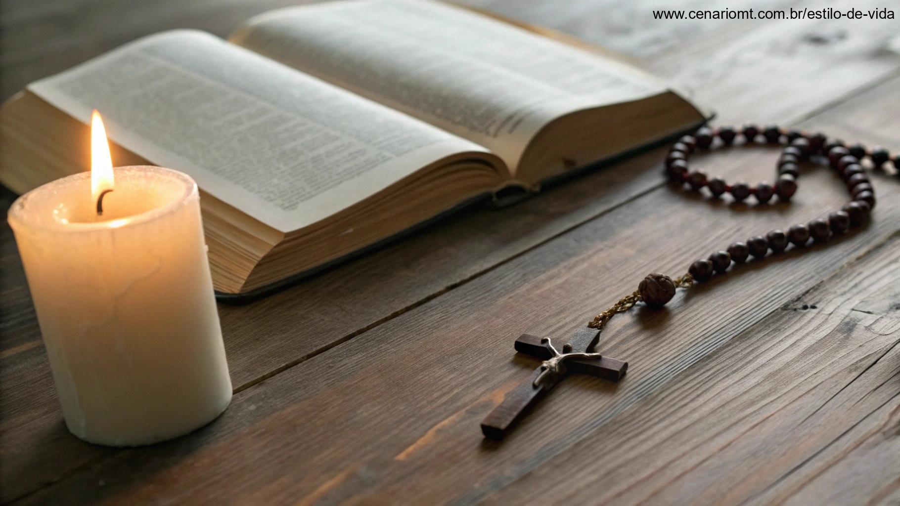 Oração católica com vela acesa e Bíblia aberta em ambiente tranquilo.