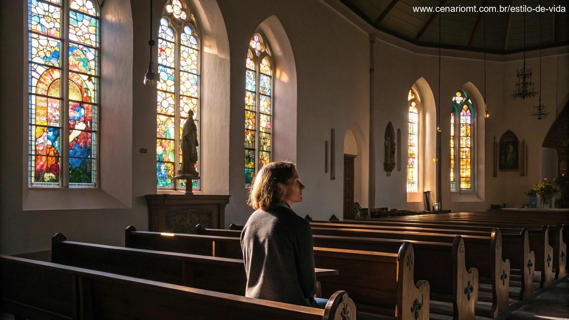 Ambiente tranquilo com luz suave filtrada através de vitrais em uma igreja, criando uma atmosfera reflexiva para a oração católica.
