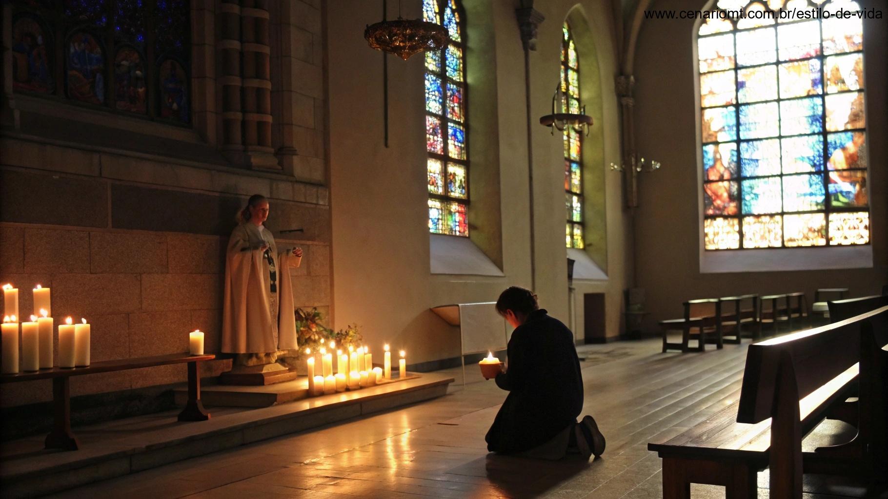 Cena de oração católica em uma igreja tranquila com vitrais e velas