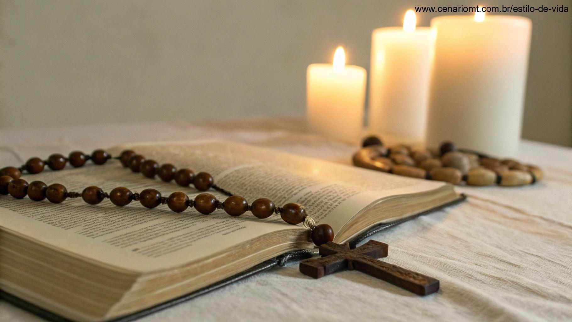 Terço católico de madeira sobre uma Bíblia aberta com luz de velas ao fundo