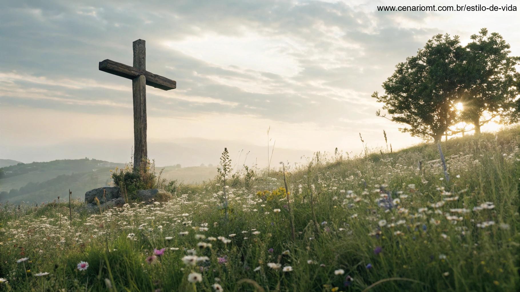 Cruz de madeira em um campo de flores silvestres com luz suave do sol, atmosfera espiritual tranquila