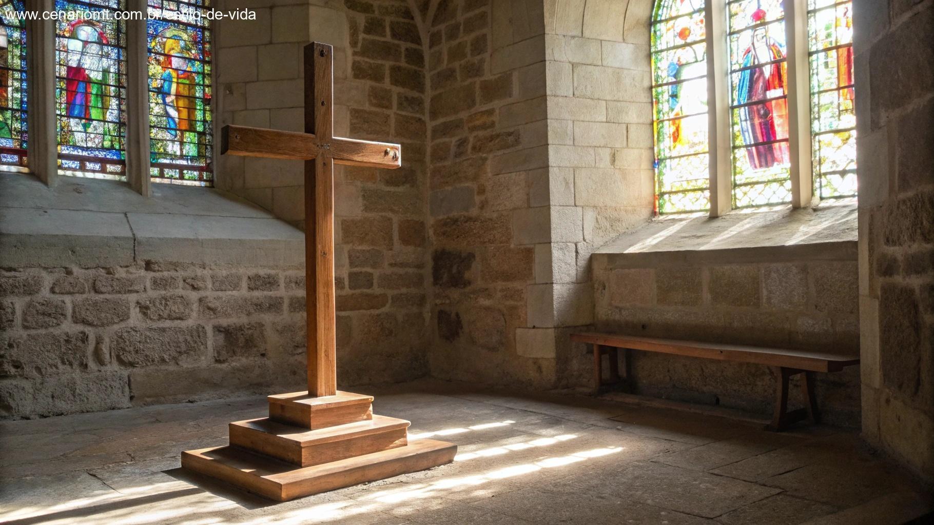 Cruz de madeira simples em um feixe de luz dentro de uma capela de pedra silenciosa com vitrais coloridos
