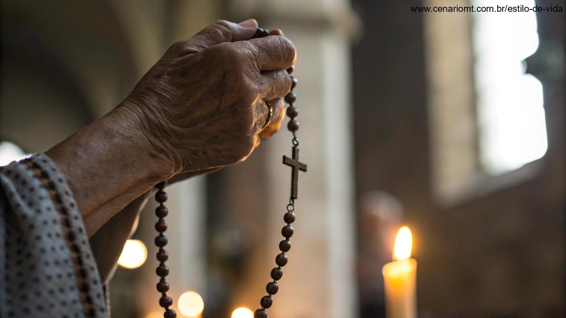 Mãos idosas segurando um terço com contas em primeiro plano e velas desfocadas ao fundo
