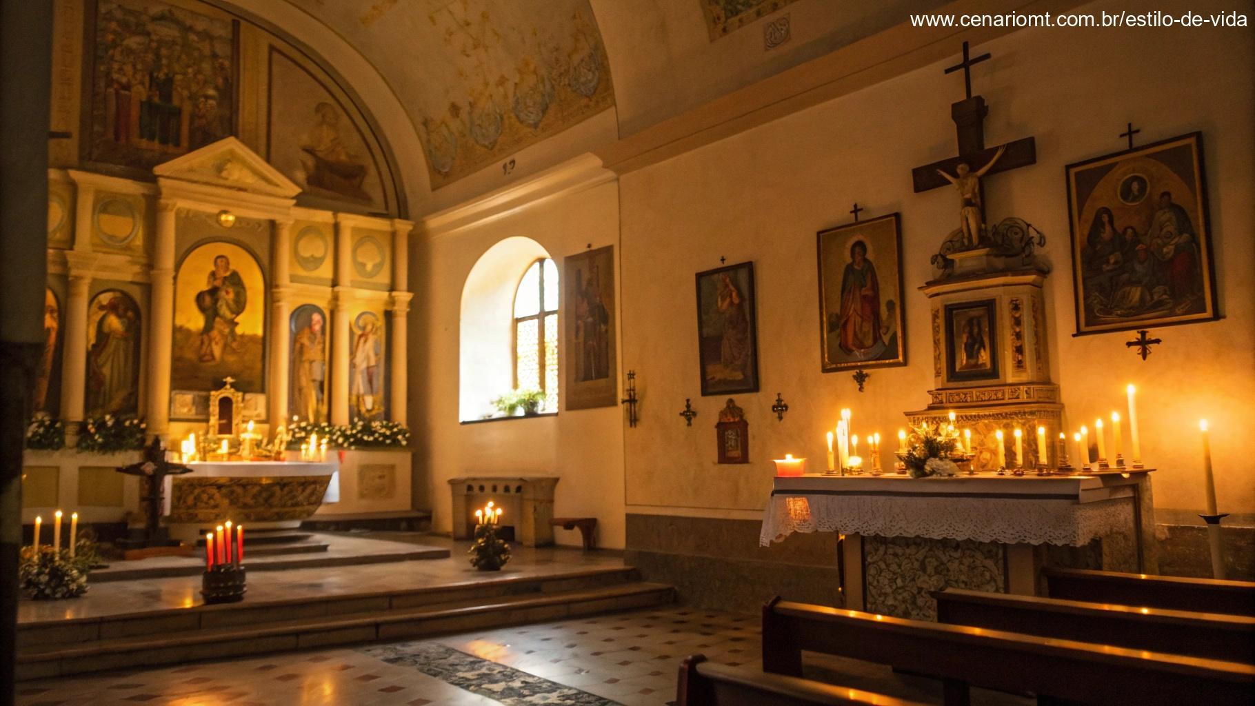 Capela católica iluminada por velas e luz suave da manhã