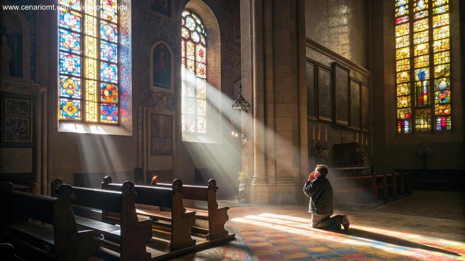 Interior de capela católica com fiel em oração
