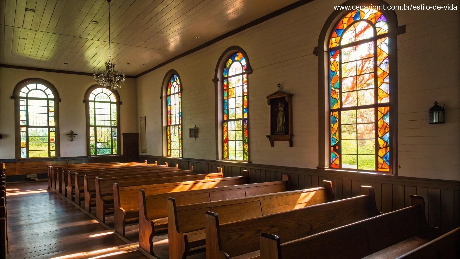 Interior tranquilo de uma igreja com vitrais coloridos iluminando os bancos, criando uma atmosfera pacífica e contemplativa, ideal para um momento de oração.
