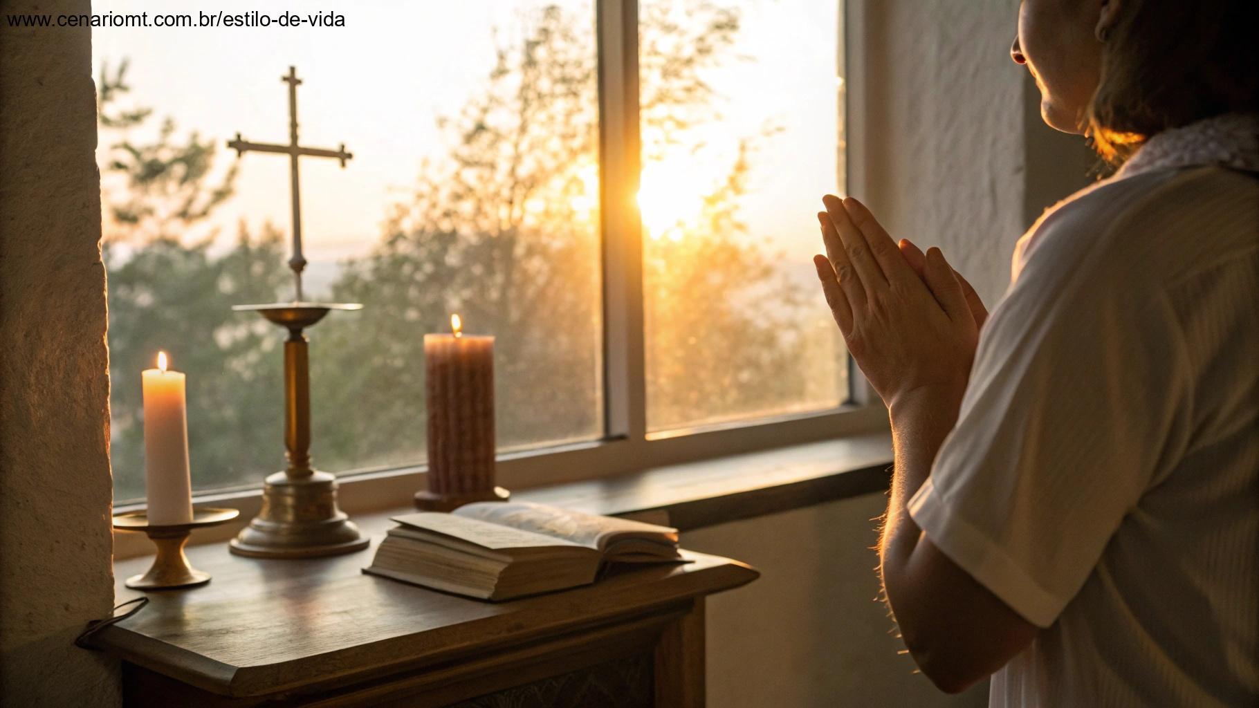 Mãos em oração com luz da manhã iluminando um altar simples