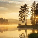 Nascer do sol tranquilo sobre um lago calmo com luz dourada suave entre árvores altas, simbolizando esperança e força para a semana