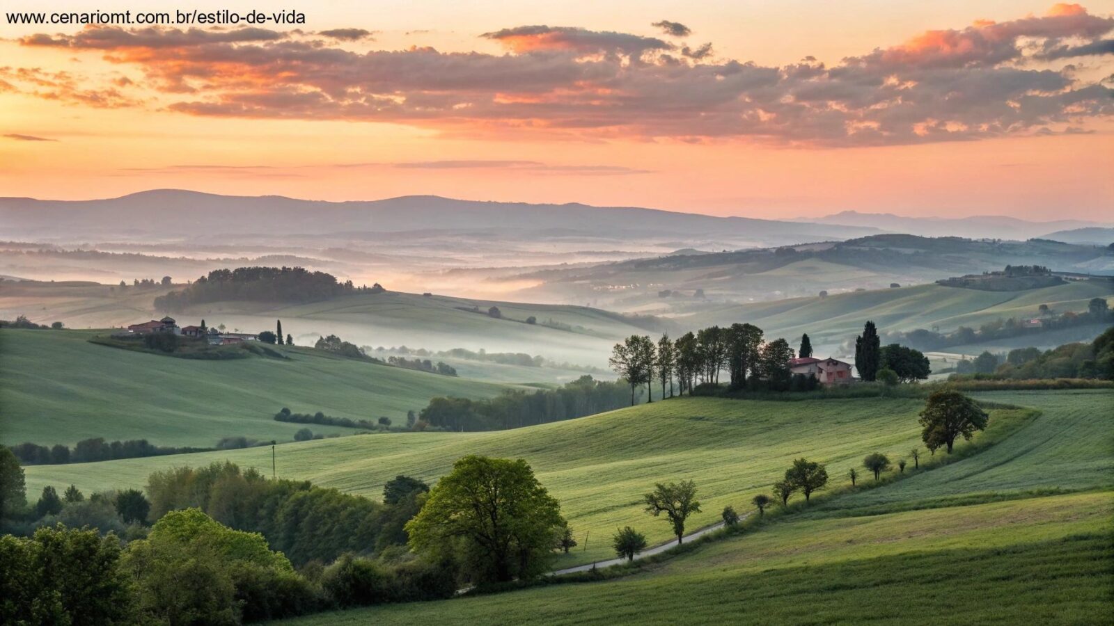 Uma paisagem tranquila ao amanhecer, simbolizando a esperança e a fé para um dia de oração.