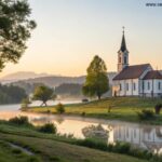 Paisagem serena e pacífica com uma igreja tranquila ao amanhecer, rodeada pela natureza, um local para oração e reflexão sobre a fé.