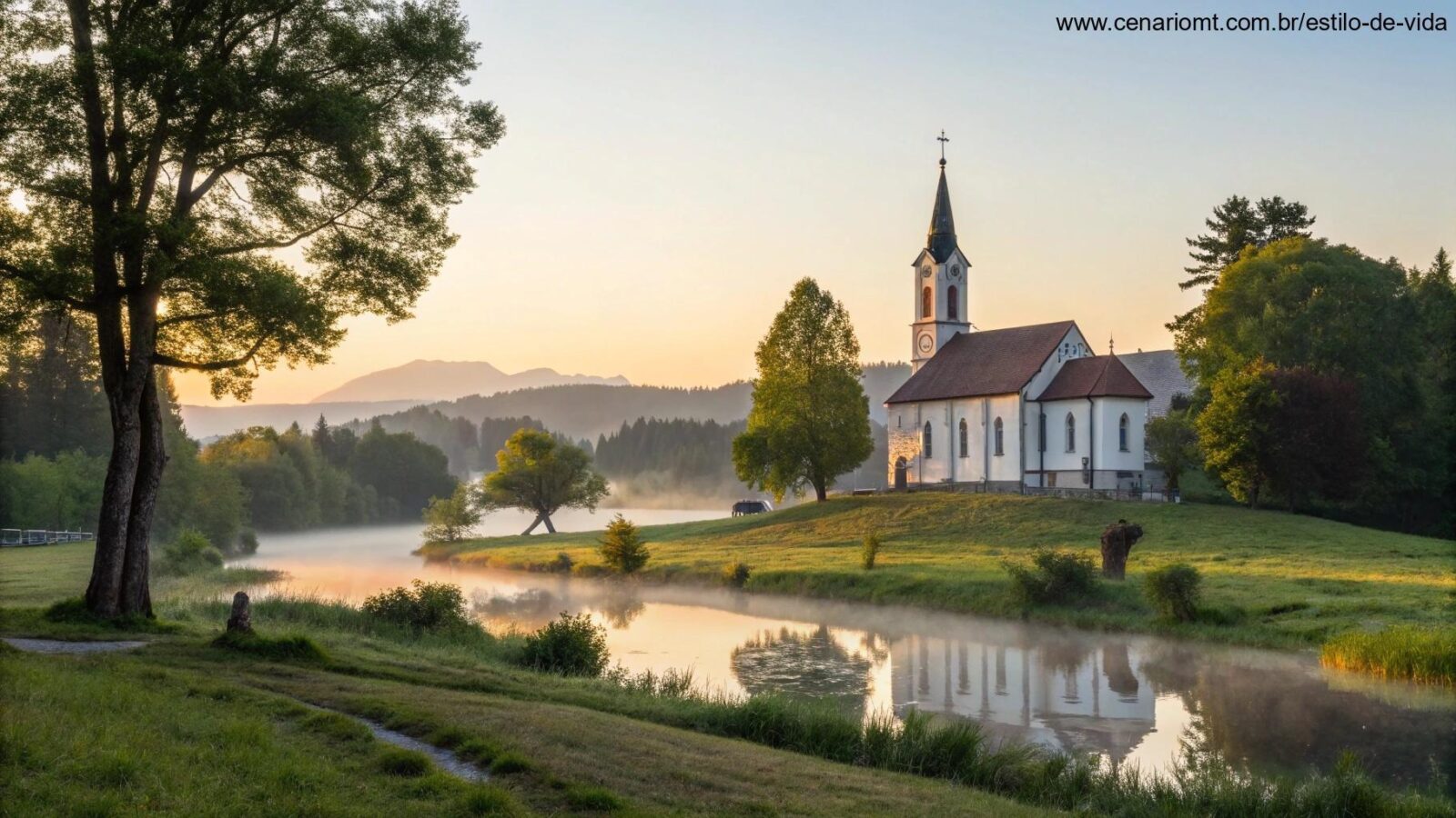 Paisagem serena e pacífica com uma igreja tranquila ao amanhecer, rodeada pela natureza, um local para oração e reflexão sobre a fé.