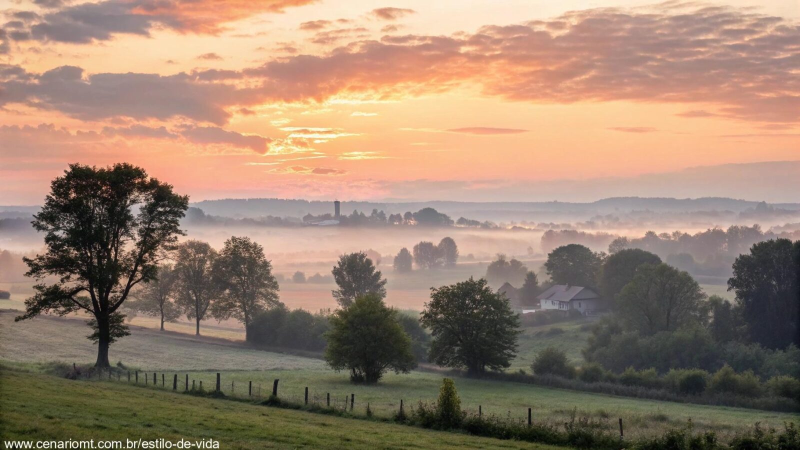 Uma imagem tranquila de um amanhecer sereno no campo, simbolizando a força da fé e oração para um novo dia.