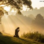Pessoa em oração em meio à natureza em uma manhã tranquila