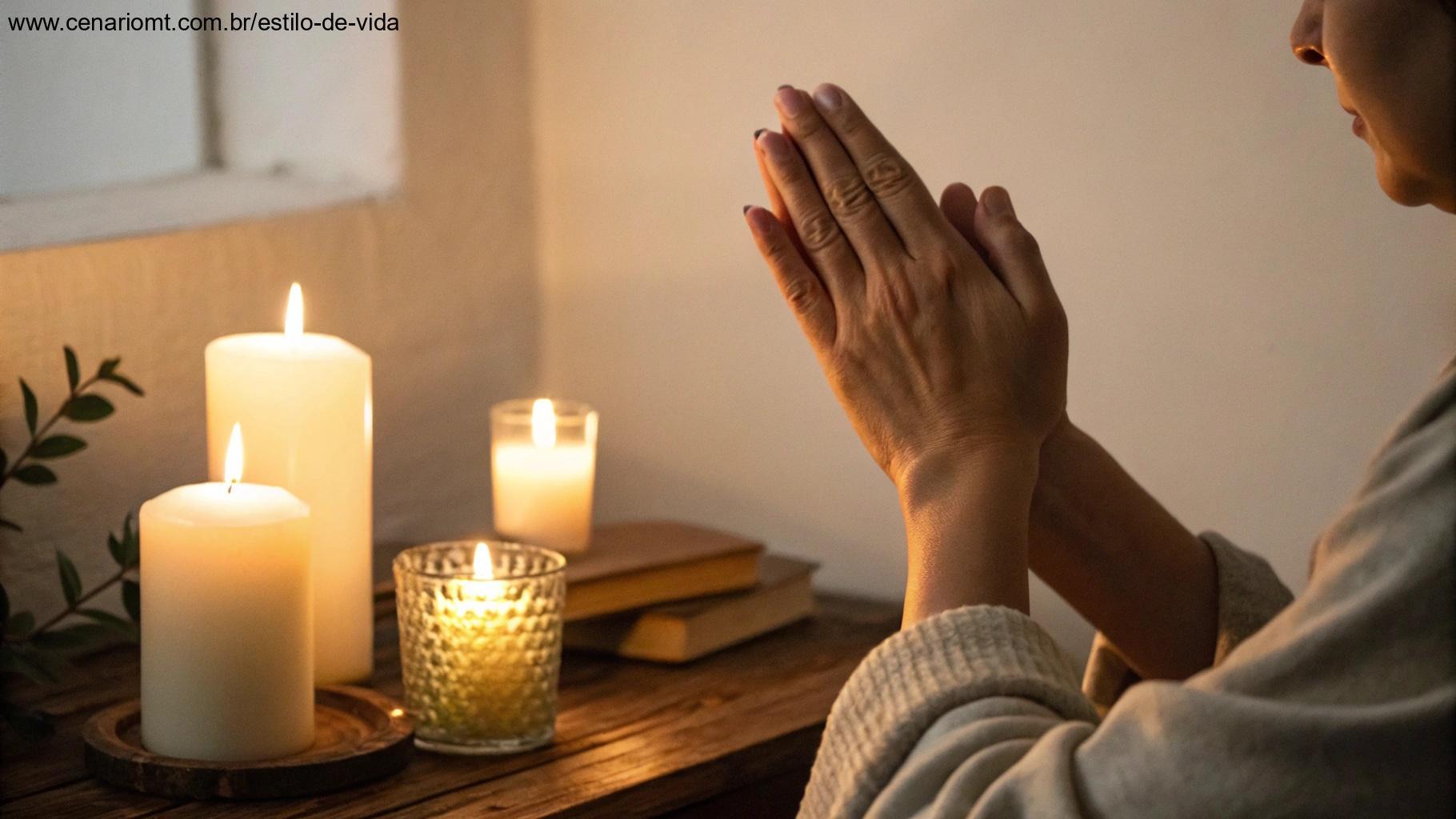 Mãos juntas em oração, com luz suave de velas ao redor, refletindo o espírito da oração do dia.