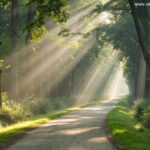 Caminho sereno em uma floresta iluminada pelo sol, com raios de luz entre as árvores, simbolizando força e fé para a jornada