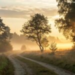 Nascer do sol sereno sobre um caminho na floresta com neblina, simbolizando força e esperança para a jornada
