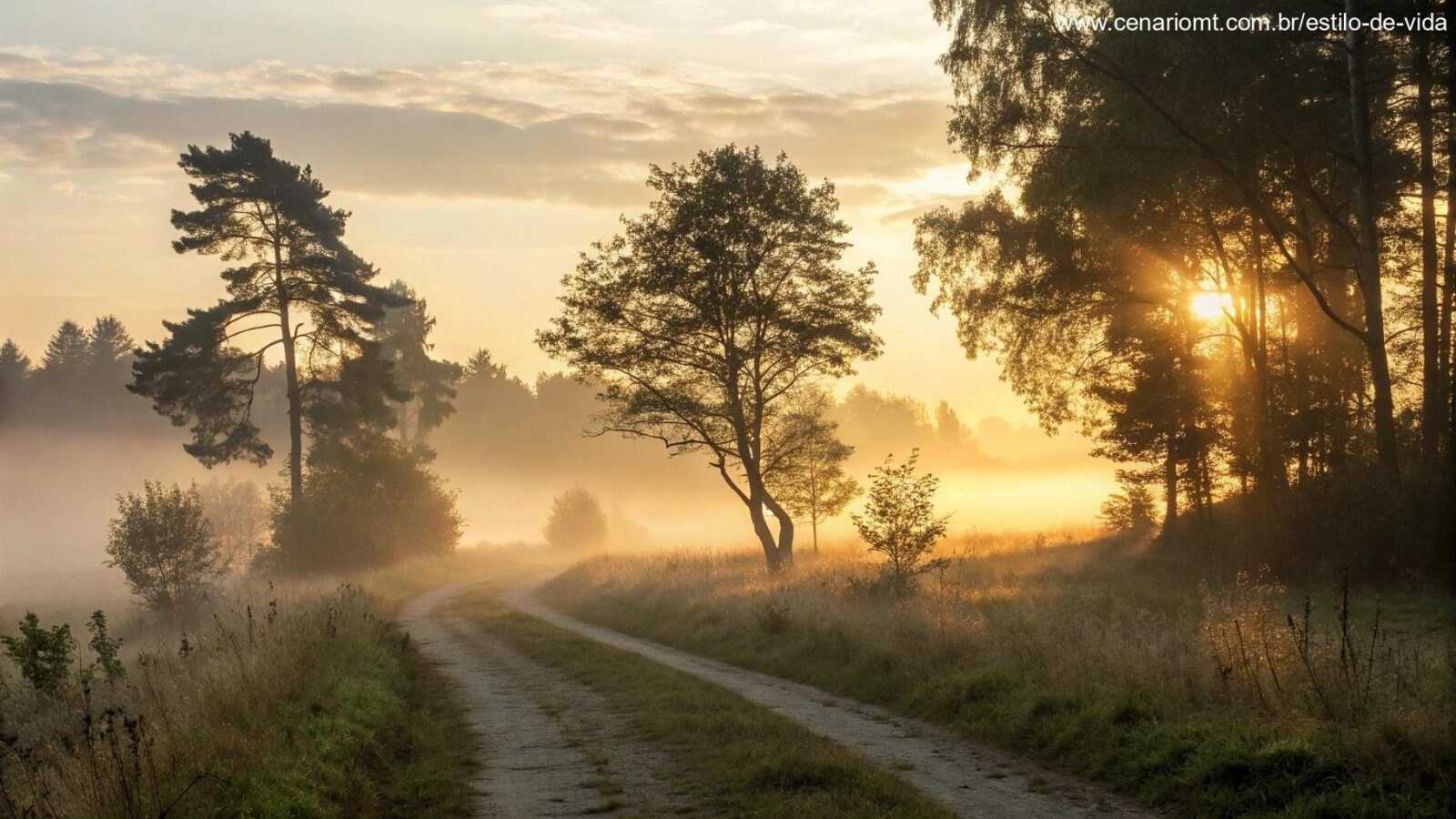Nascer do sol sereno sobre um caminho na floresta com neblina, simbolizando força e esperança para a jornada