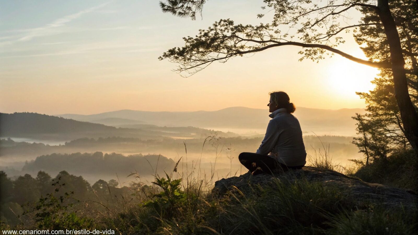 Momento sereno de oração e reflexão ao amanhecer, com uma atmosfera calma e pacífica.