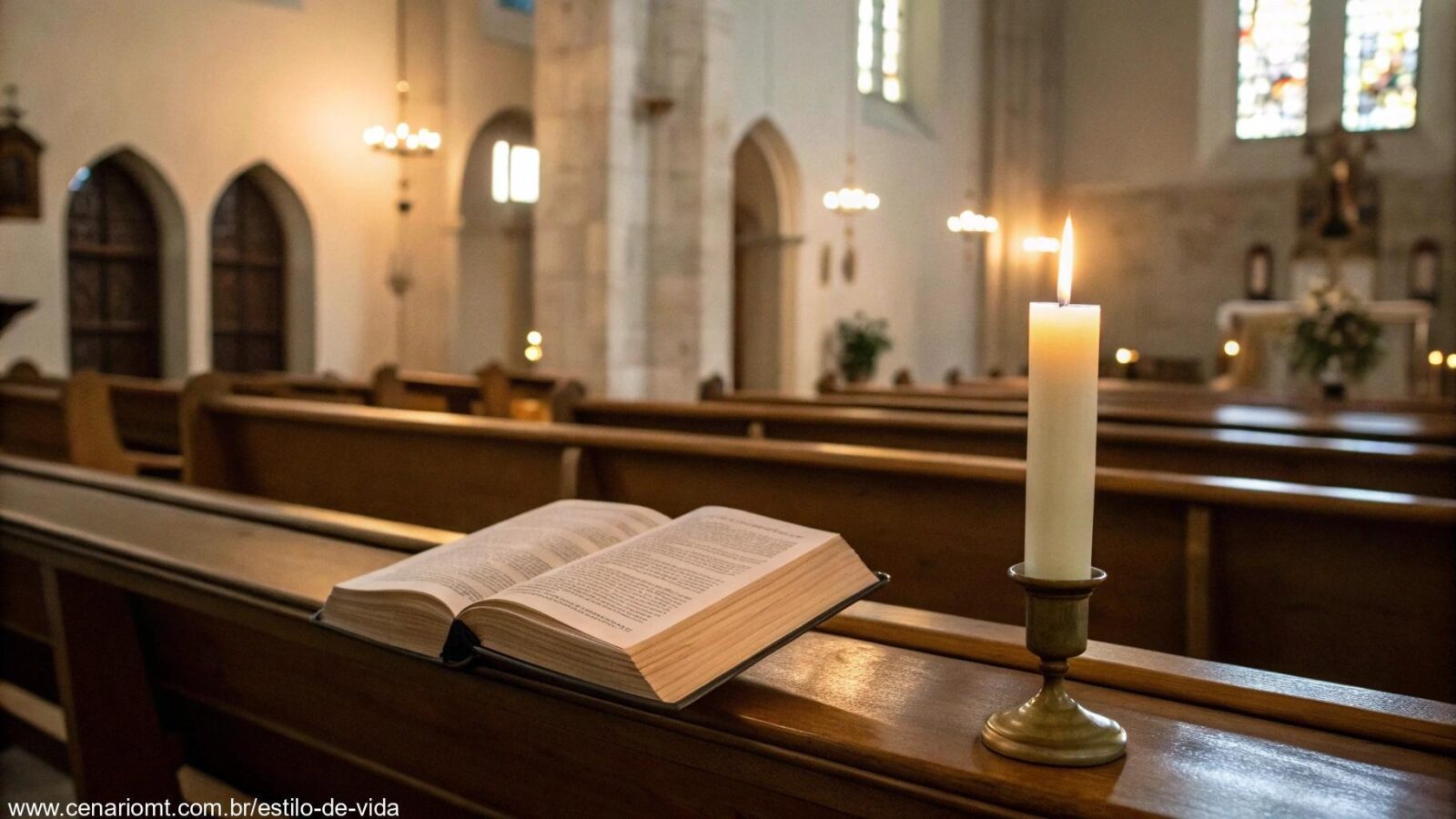 Interior sereno de uma igreja com uma Bíblia aberta em um banco de madeira e uma vela acesa, criando uma atmosfera de oração pacífica e reflexiva.