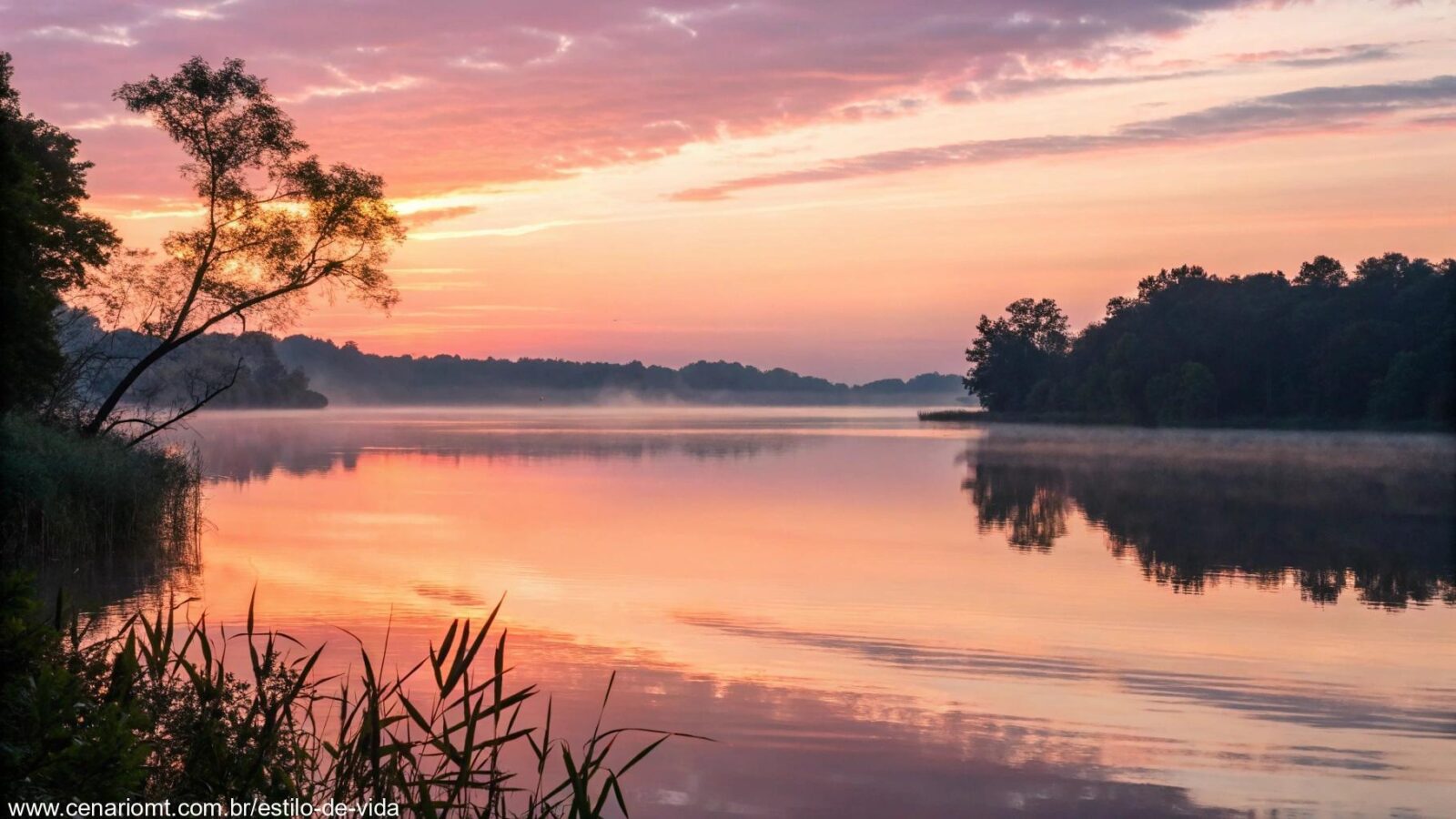 Imagem serena de um nascer do sol sobre um lago calmo, com cores suaves e ondas suaves, simbolizando a oração e reflexão para o início da semana.