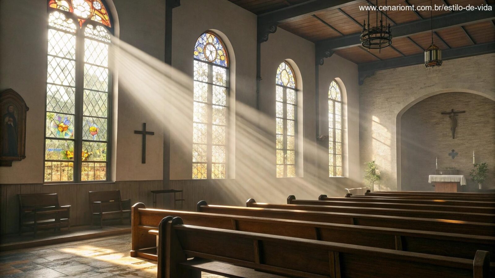 Igreja vazia com luz do sol entrando pelos vitrais criando atmosfera serena